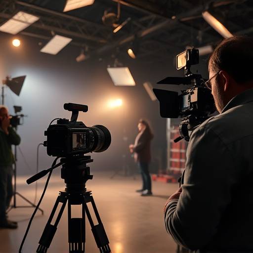 Cena de uma filmagem em um estüdio com câmeras e iluminaäão